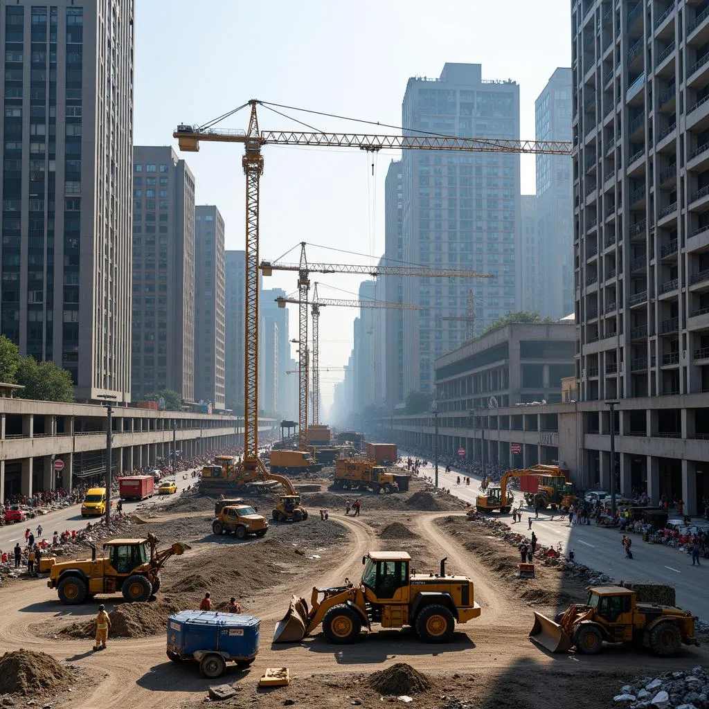 Noisy construction site in urban area