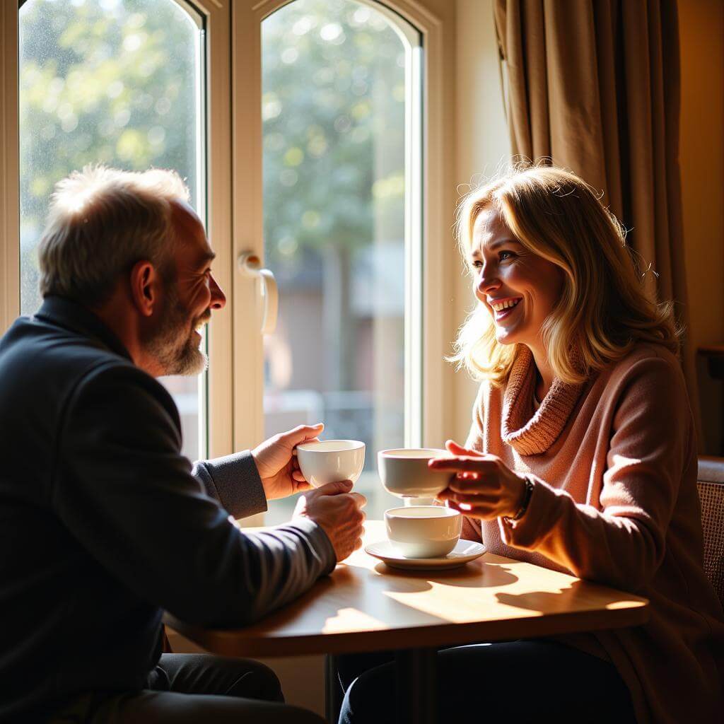 Two old friends reuniting in a cafe