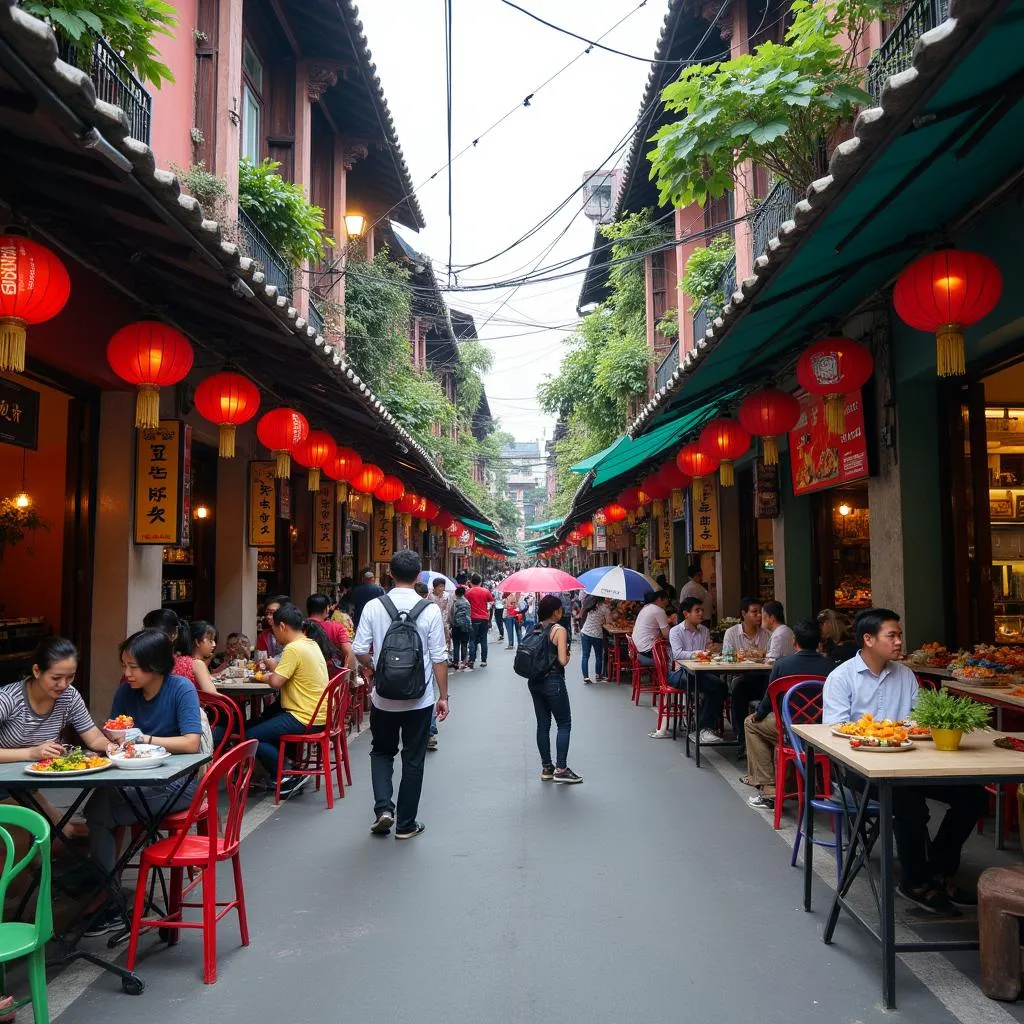 Vibrant street scene in Hanoi's Old Quarter