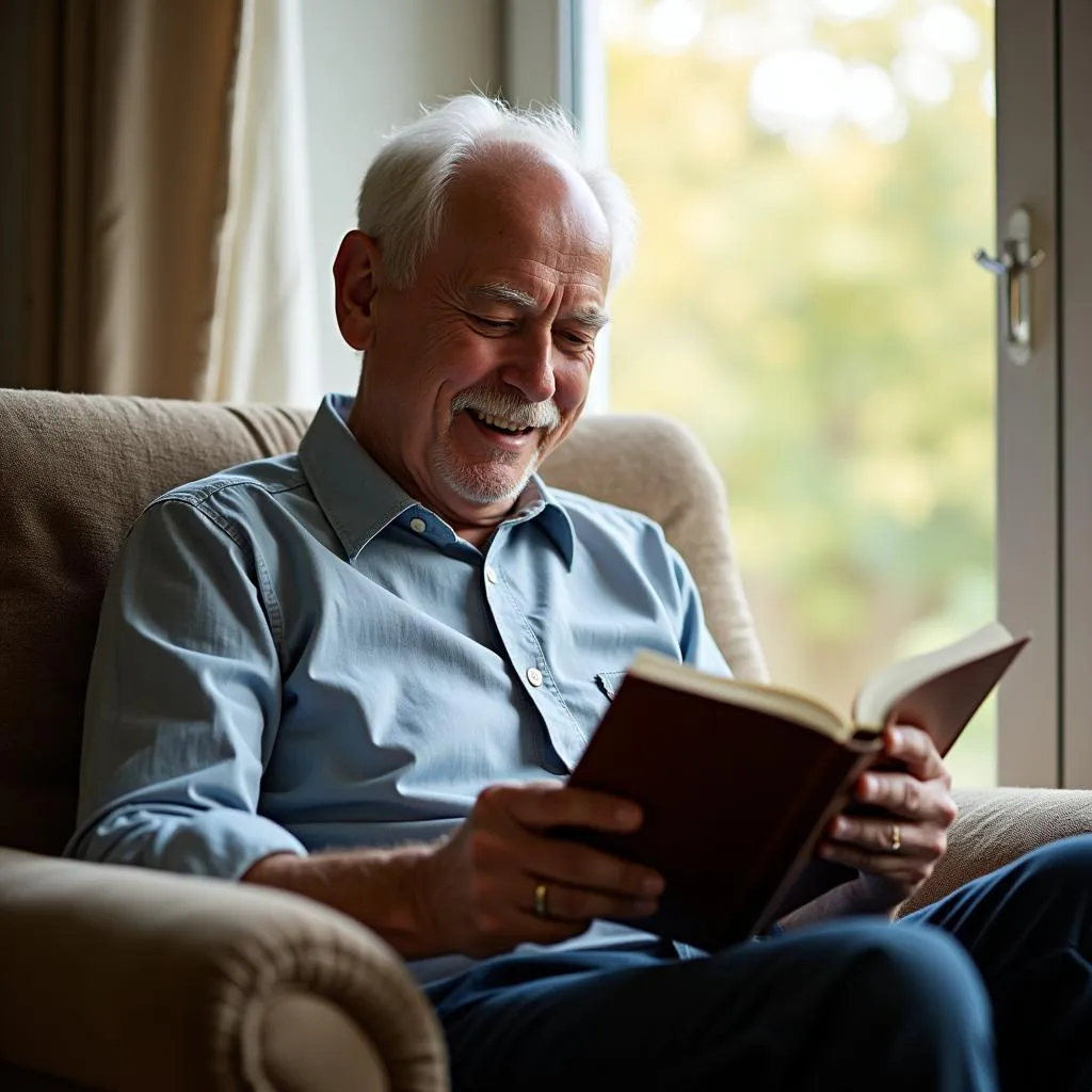 An elderly man enjoying a book in a peaceful setting