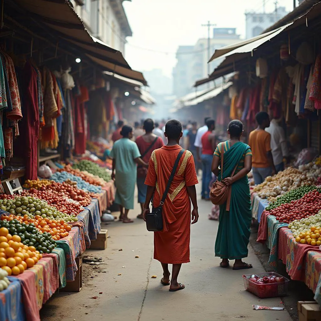 Bustling outdoor market with diverse stalls