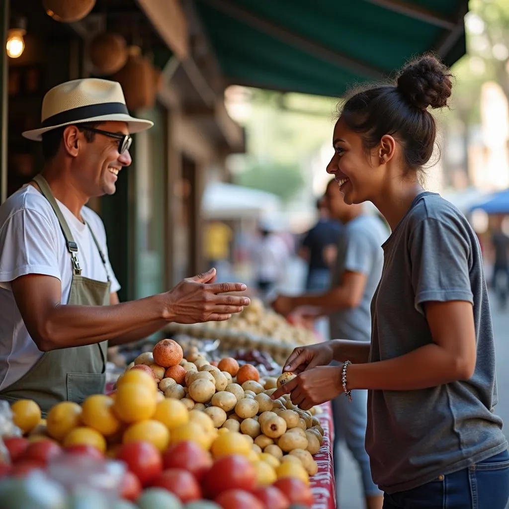 Vendor-customer interaction at an outdoor market