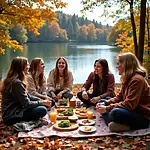 Outdoor picnic by a lake with friends enjoying food