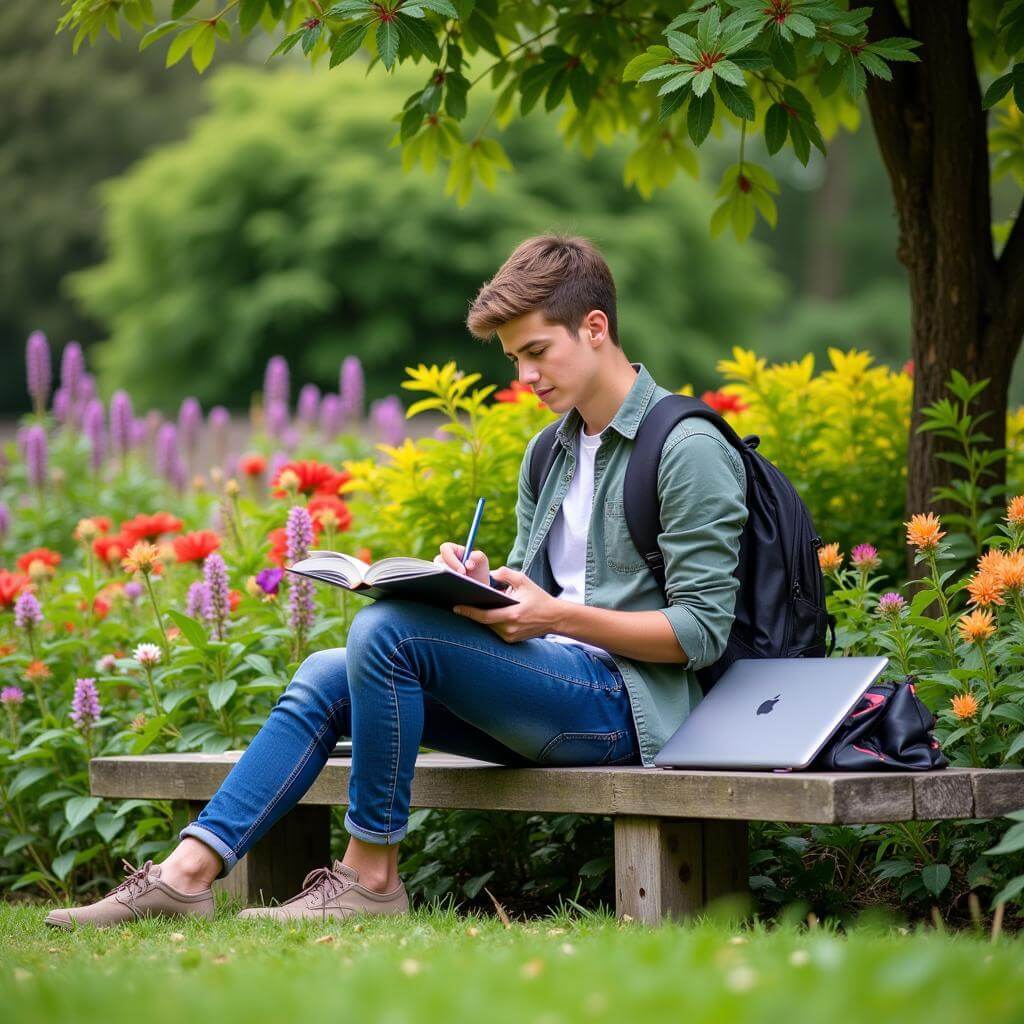 Student studying in a botanical garden