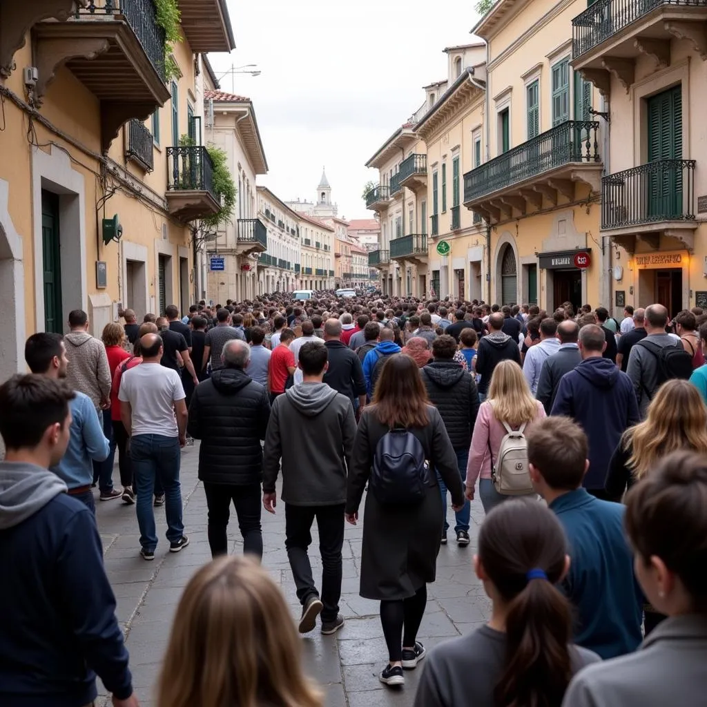 A crowded street in a small town with tourists and locals.