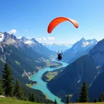 Person paragliding over scenic mountains and valleys