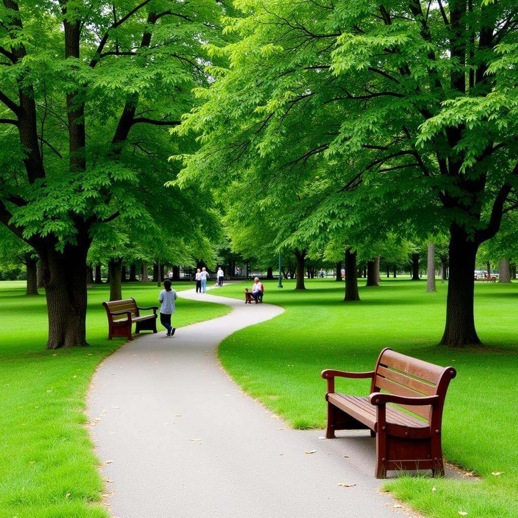 A tranquil park with trees, benches, and a walking path