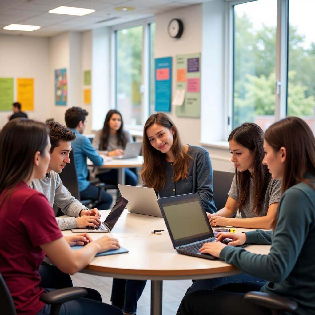 Students collaborating in a modern classroom setting