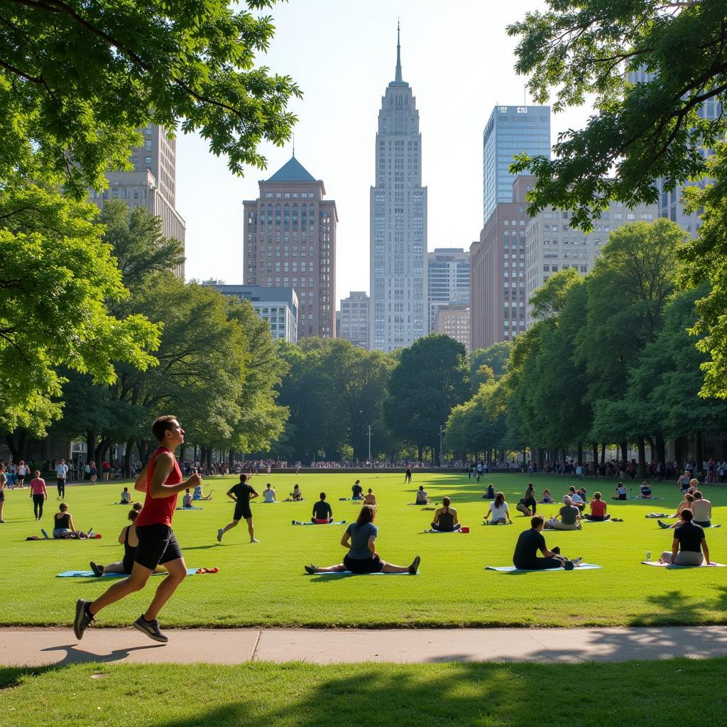 People exercising in a bustling urban park