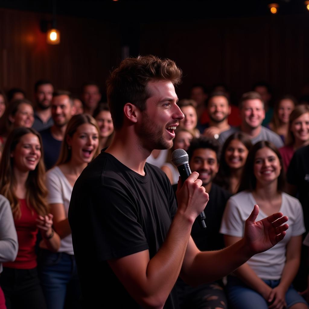 People laughing at a comedy show