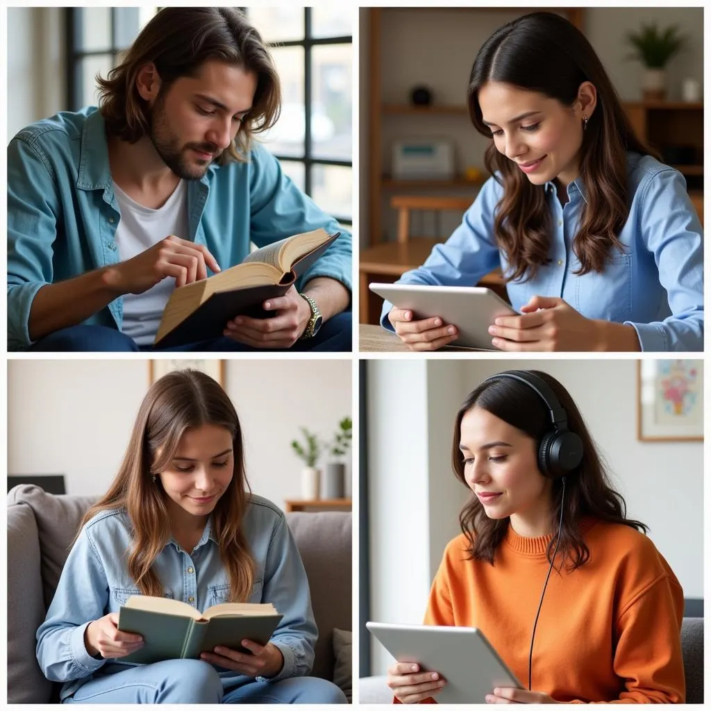 People reading books in various formats