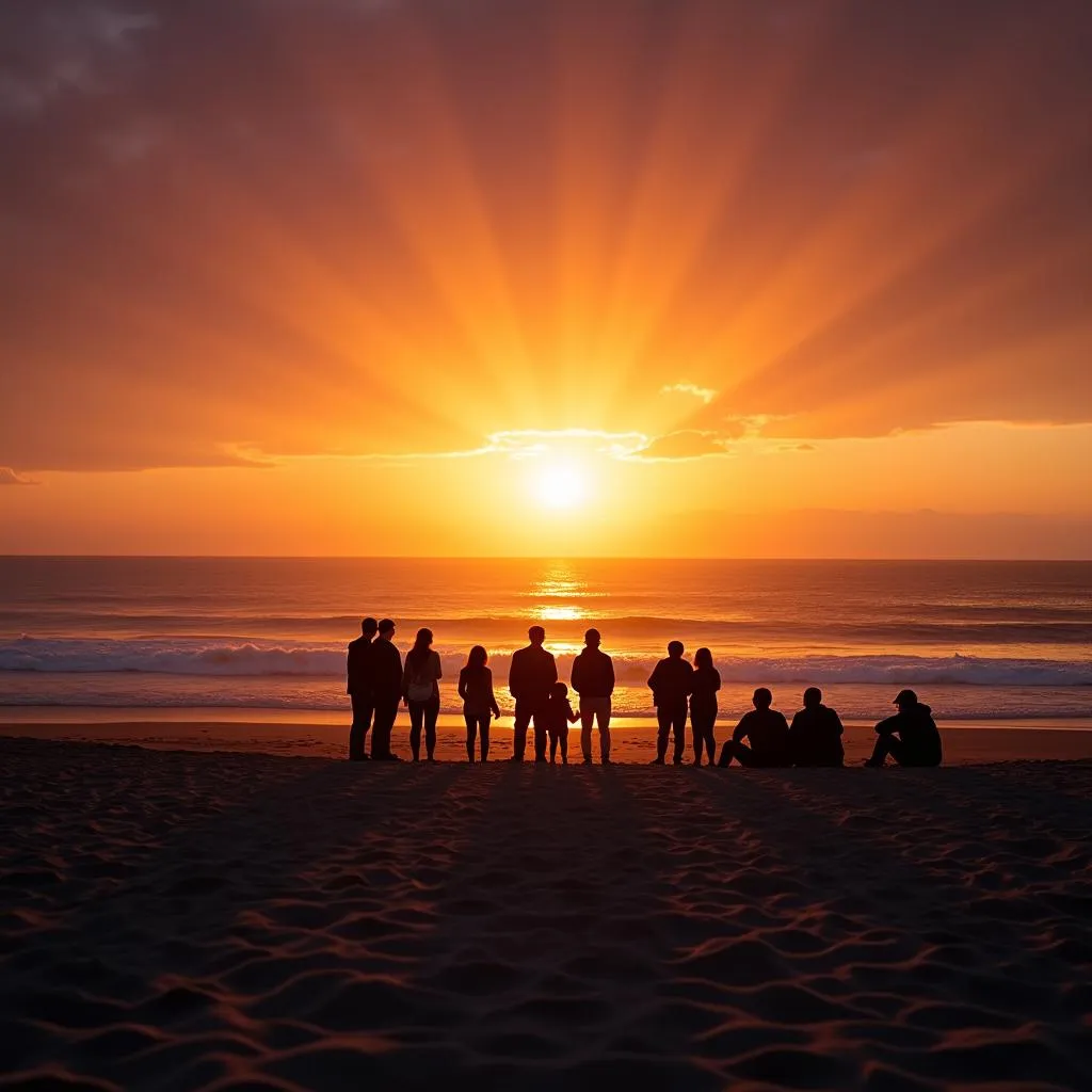 Group of people watching sunrise on beach