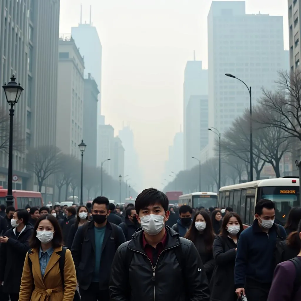 People wearing masks in a polluted city