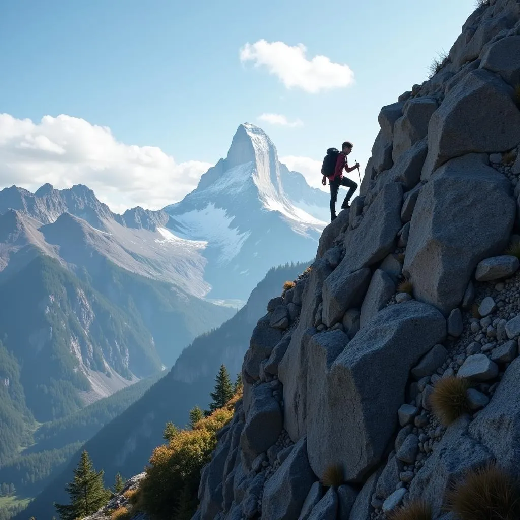 Individual climbing a mountain symbolizing motivation and achievement