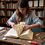 Person creating intricate literary sculpture from old books