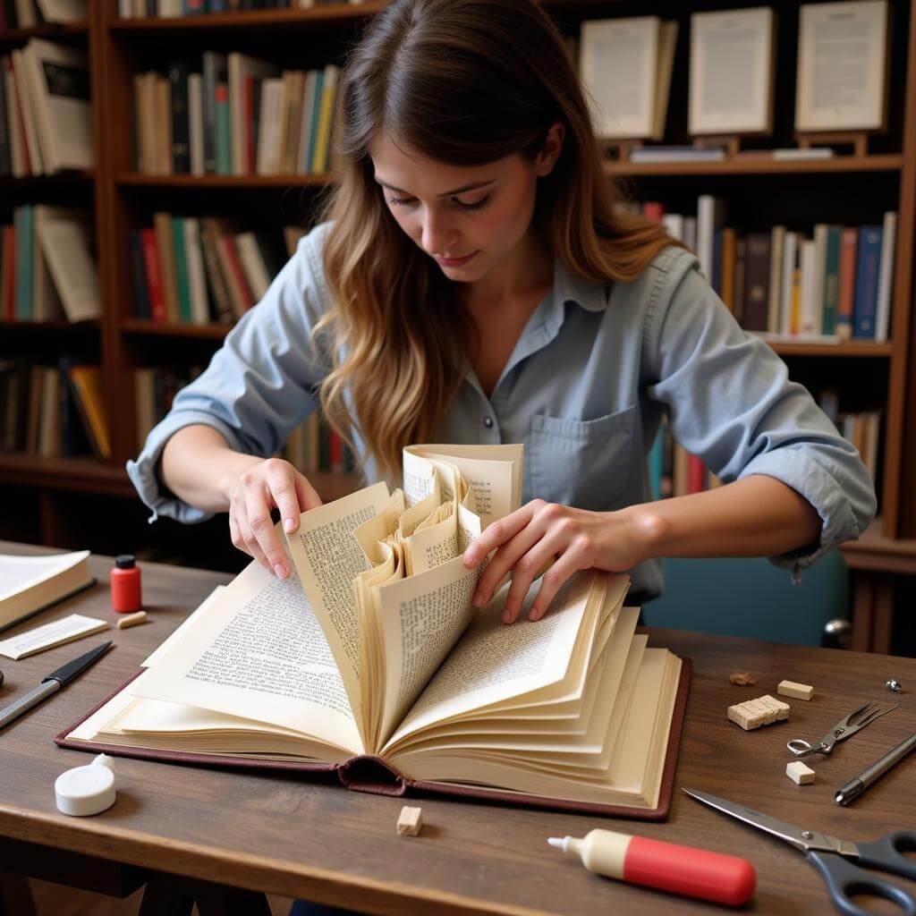 Person creating intricate literary sculpture from old books