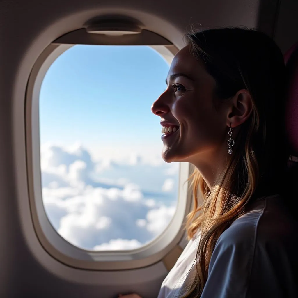 Person enjoying plane travel with a window view