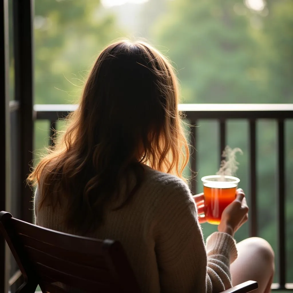 A person relaxing on a balcony with a cup of tea