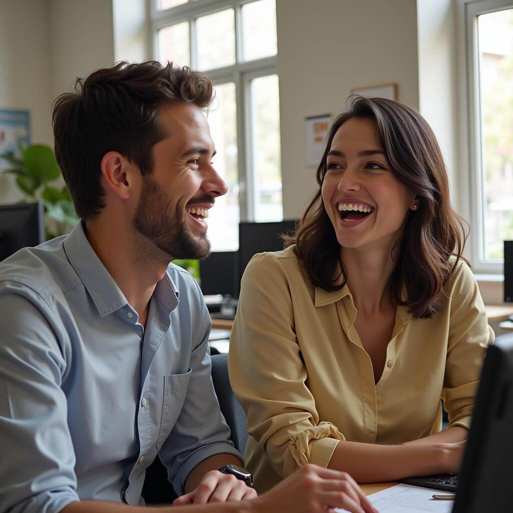 Colleagues laughing together in office