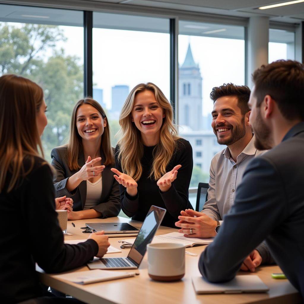 Colleagues laughing together in office