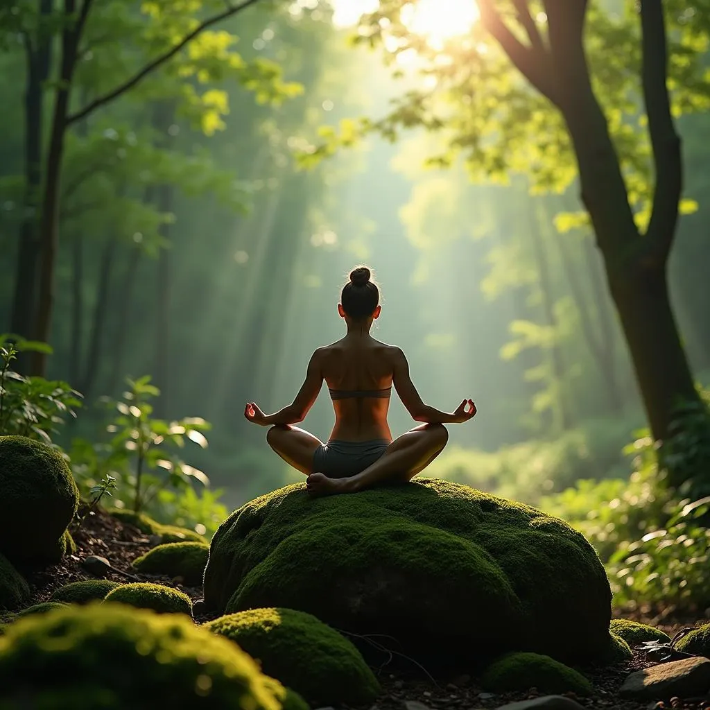 Person meditating in a peaceful forest