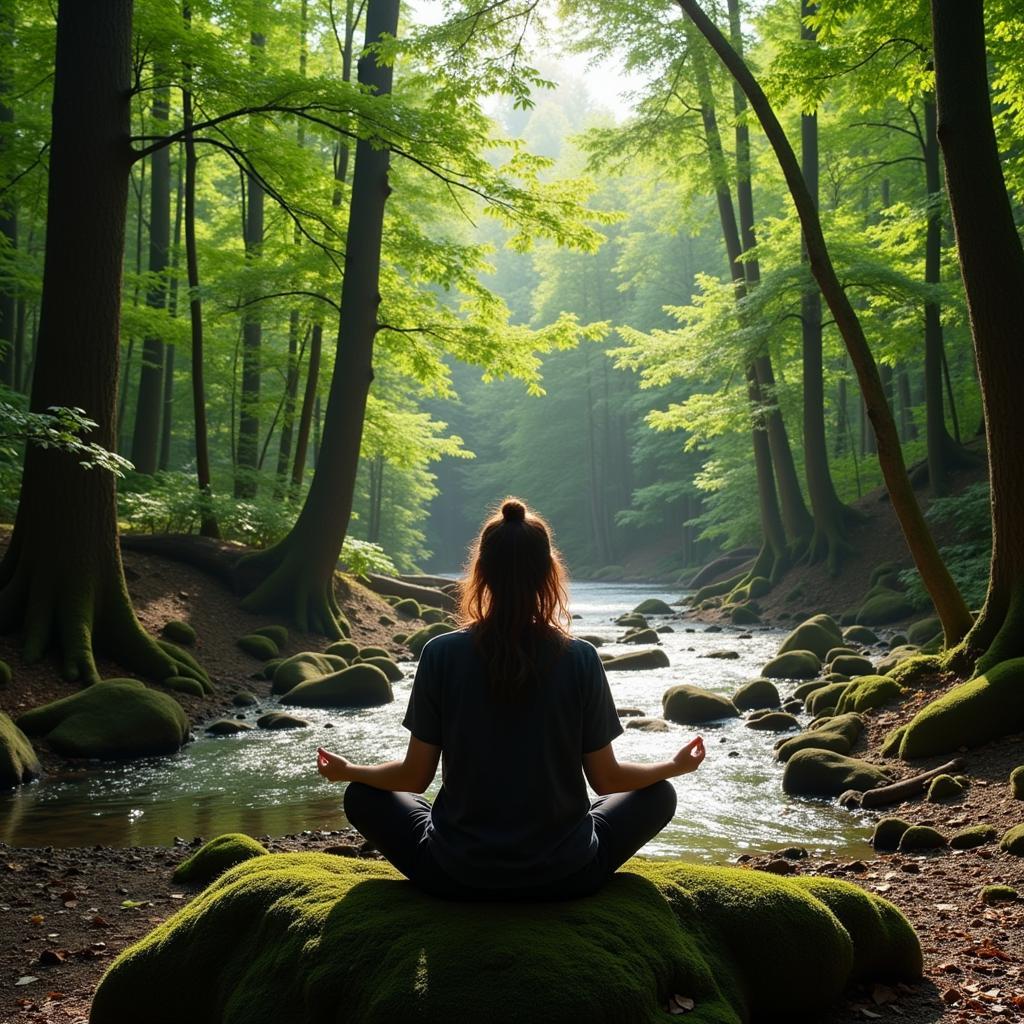 Person meditating in a serene forest clearing