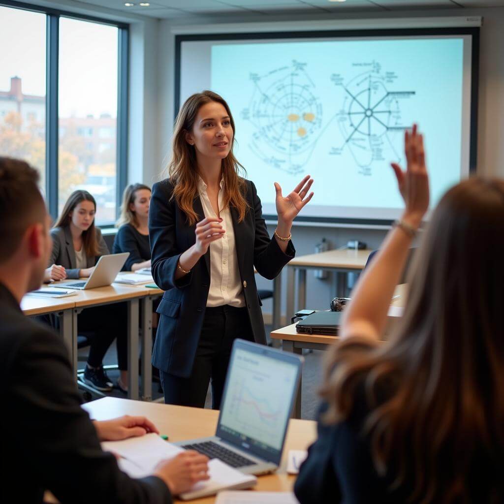 A professor inspiring and motivating students in a classroom