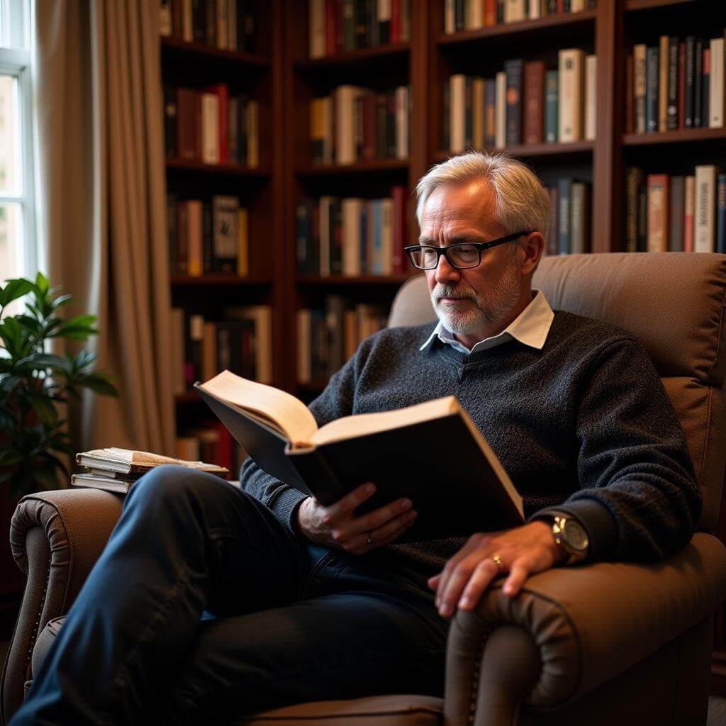 Avid reader in library surrounded by books