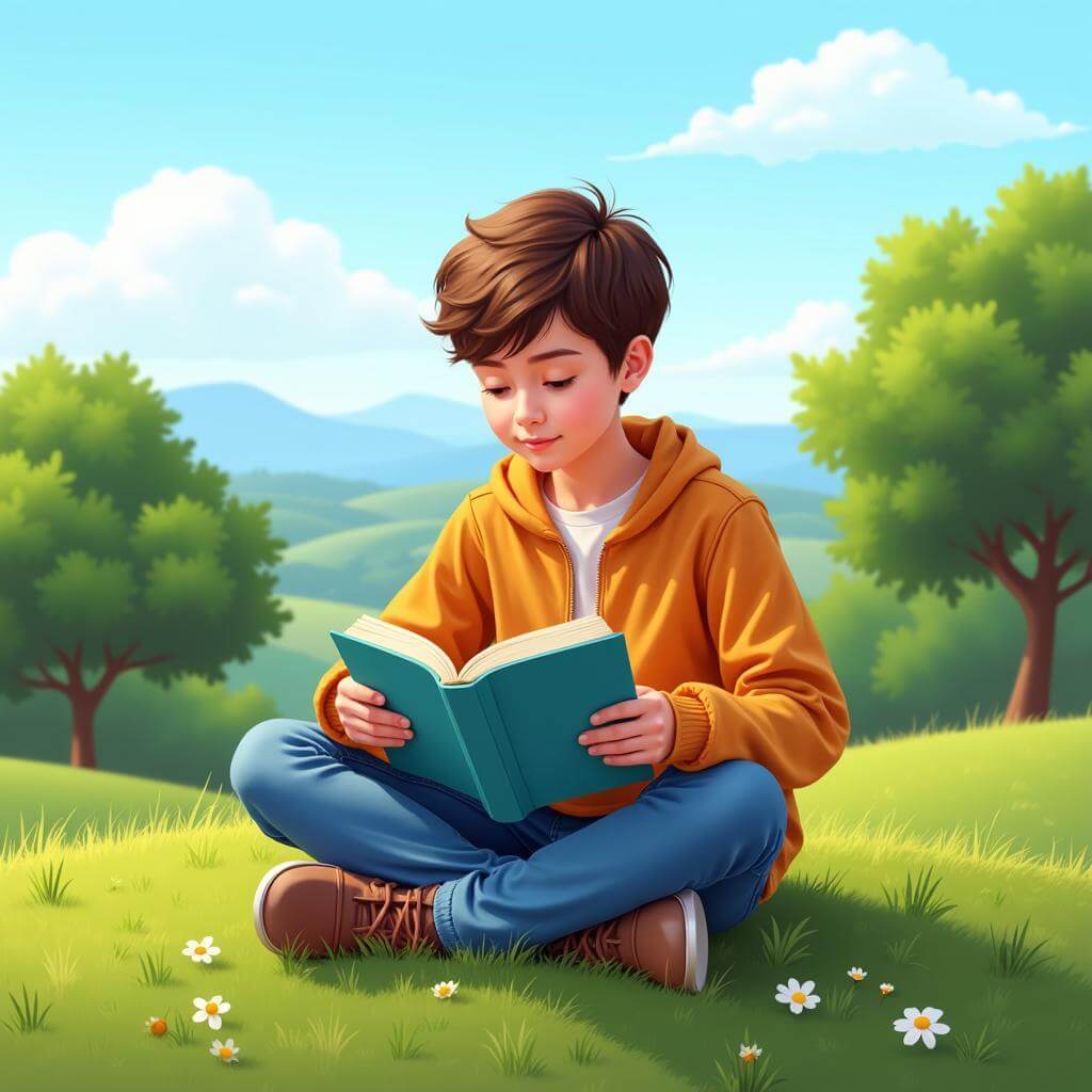 Young person enjoying a book in nature