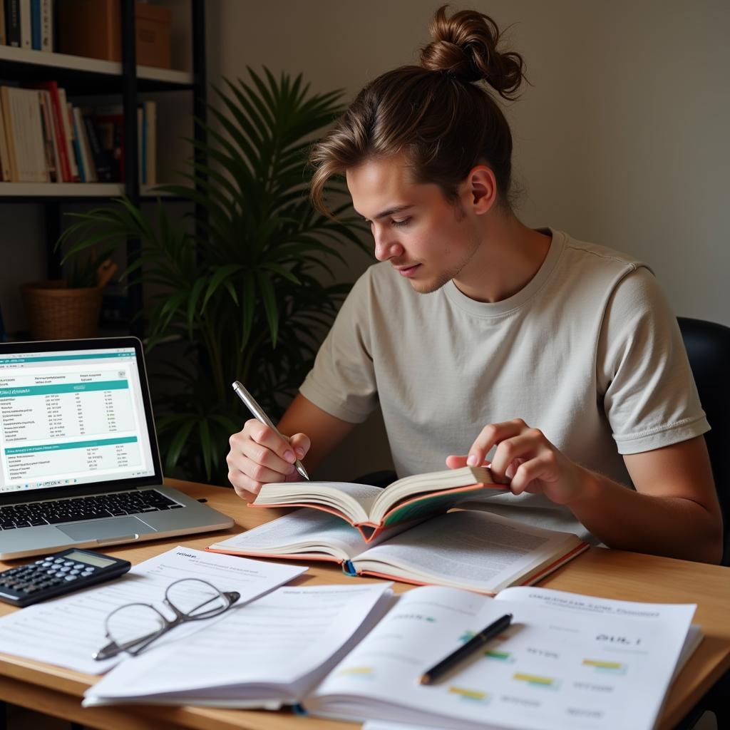 Person reading finance book and using calculator