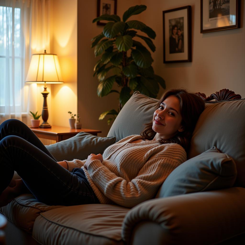 Person relaxing in a comfortable living room