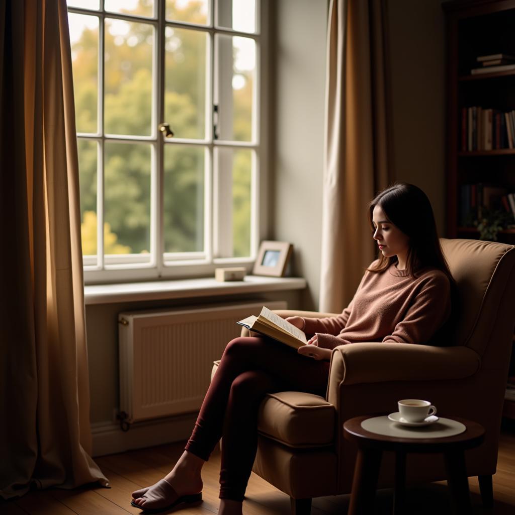 Person rereading a book in a cozy setting