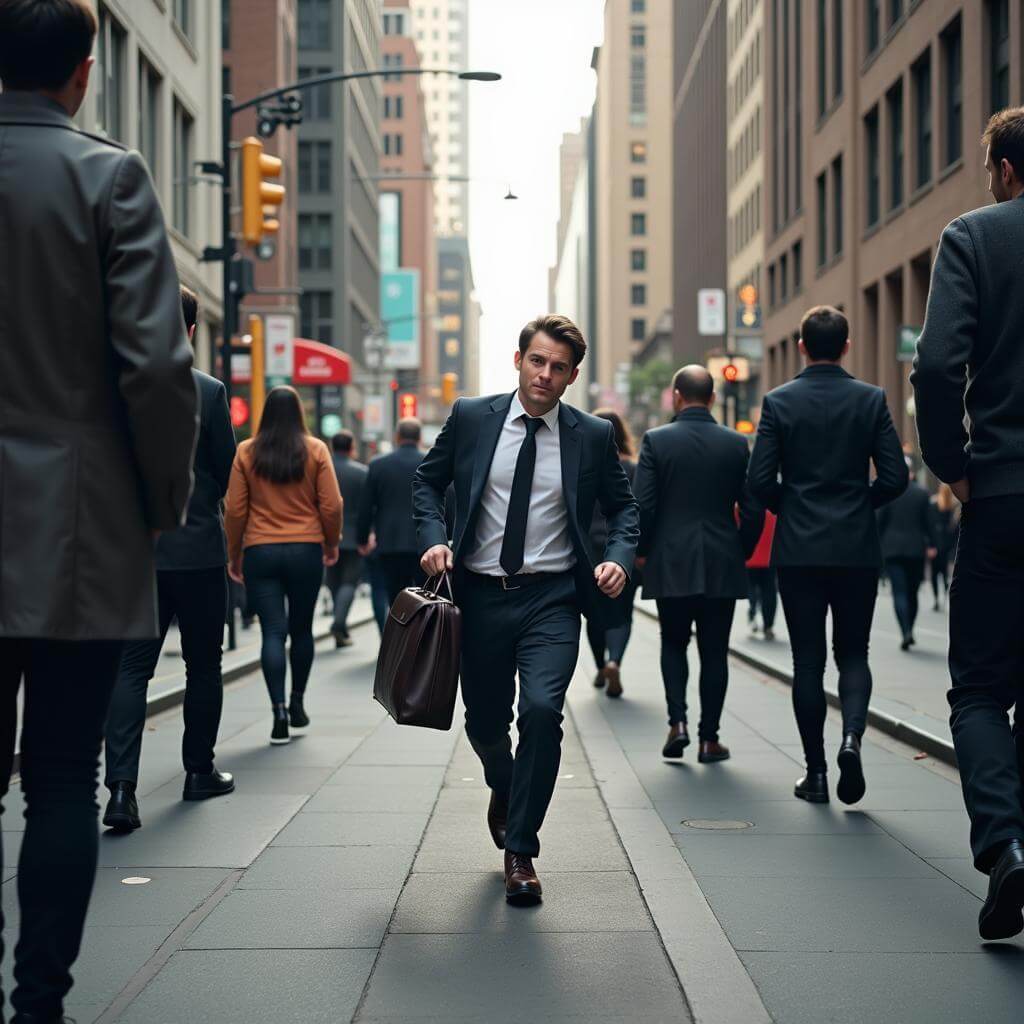 Person rushing through a busy city street