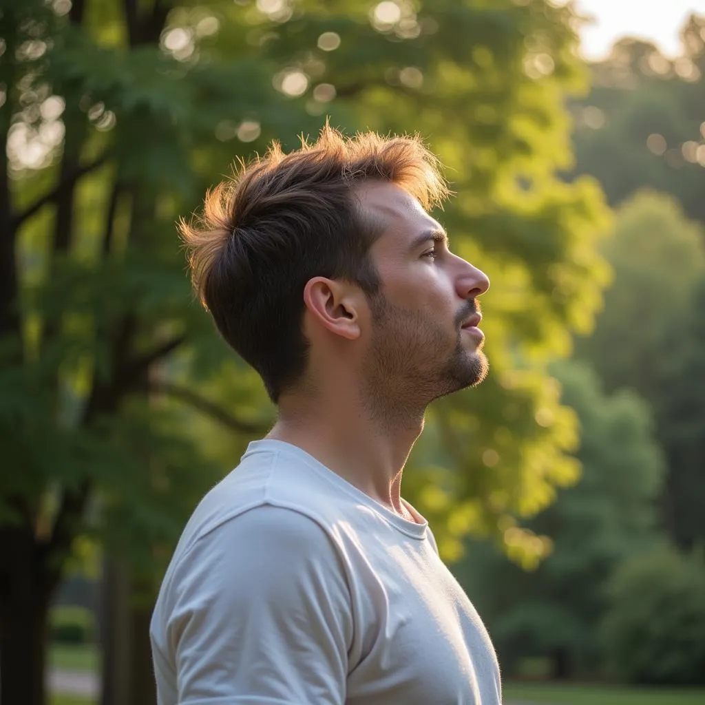 Person taking a deep breath outdoors