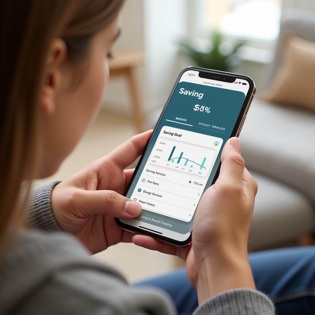 Person using mobile banking app to manage savings