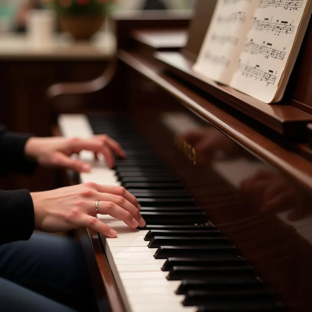 Person practicing piano with sheet music