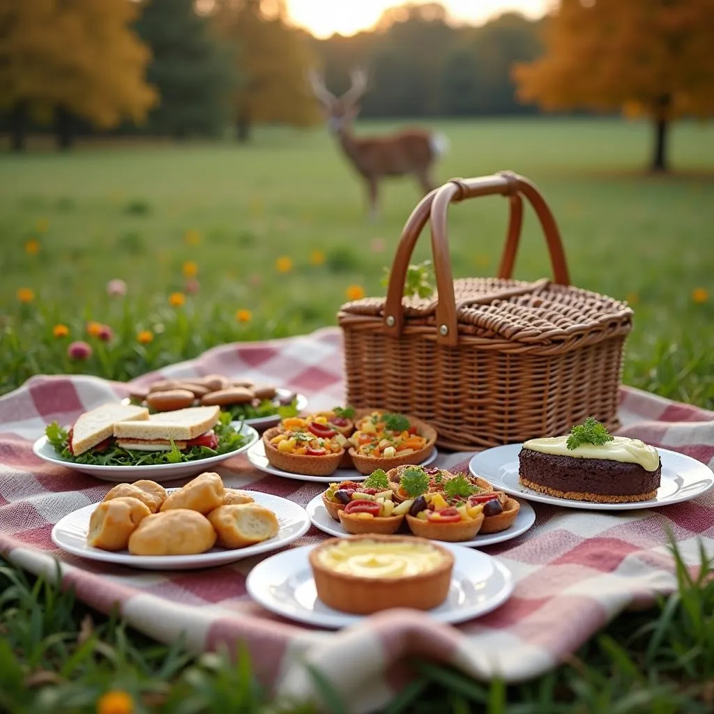 Diverse picnic spread in nature