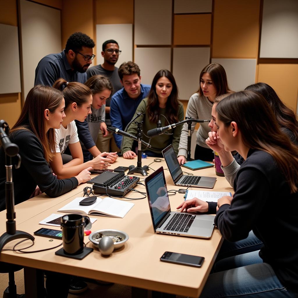 Media students collaborating on podcast production