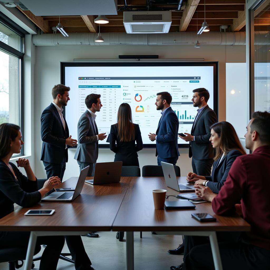 Diverse team collaborating in modern office space