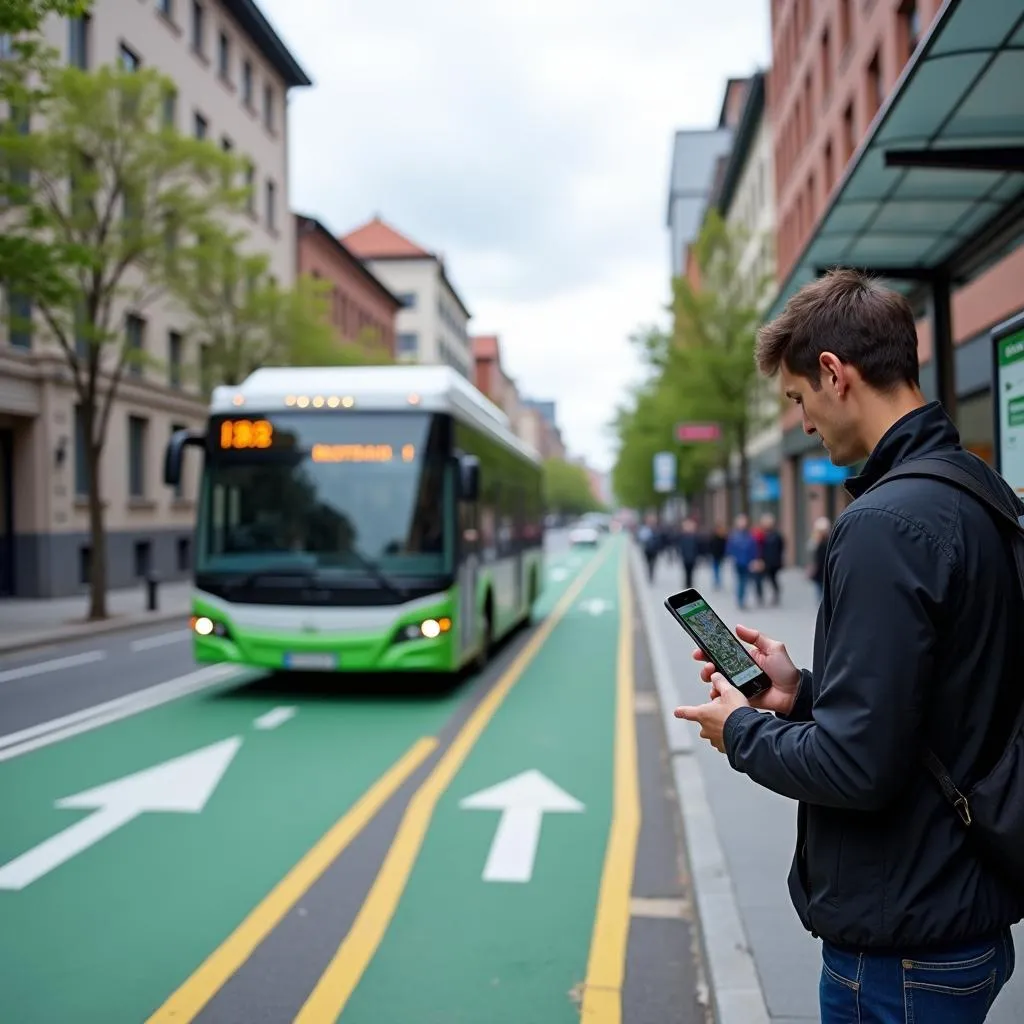 Modern bus in dedicated lane with passenger using smartphone