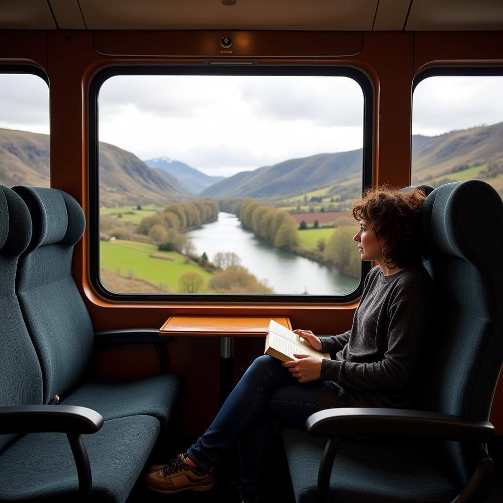 Person enjoying train journey with scenic view