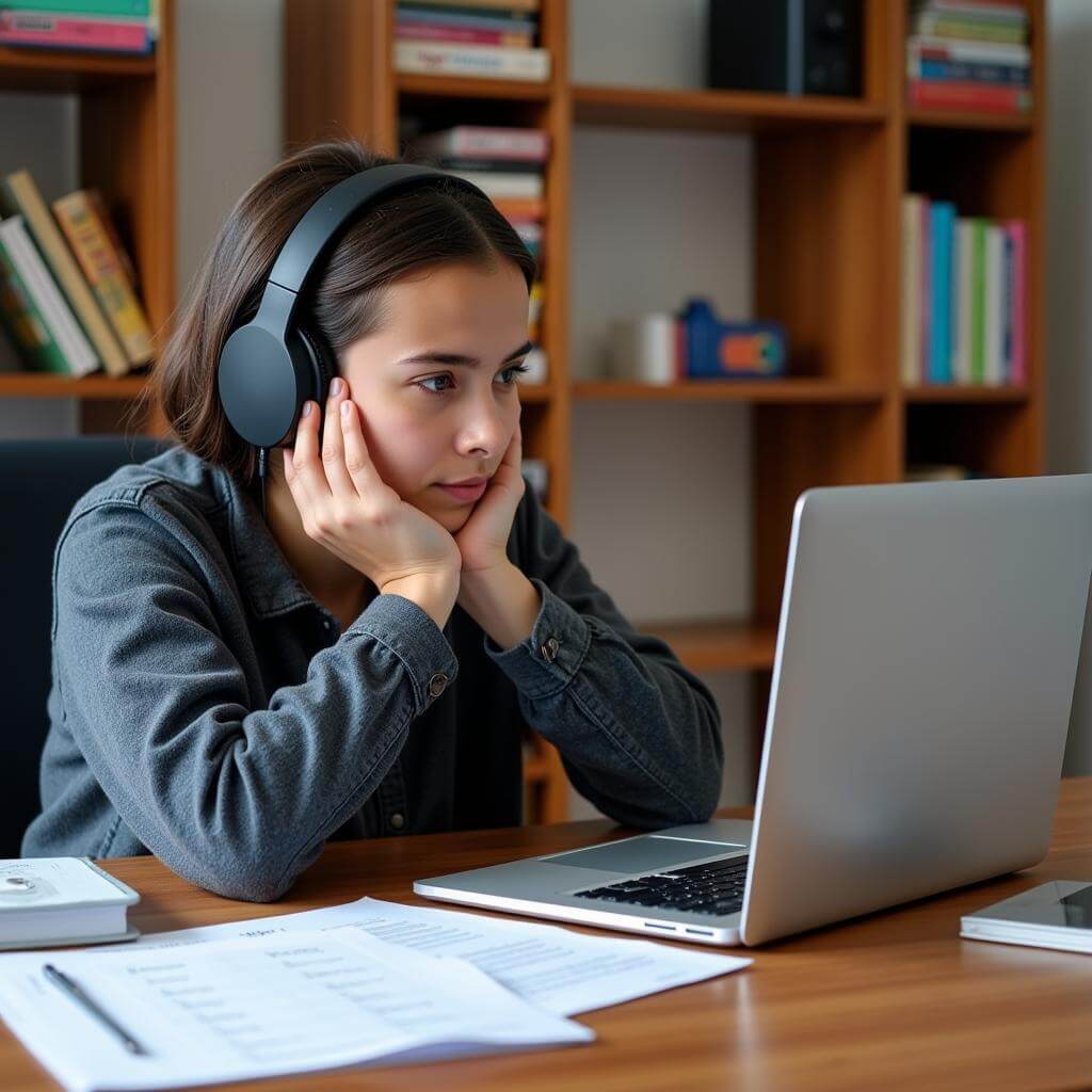 Student practicing IELTS listening with radio