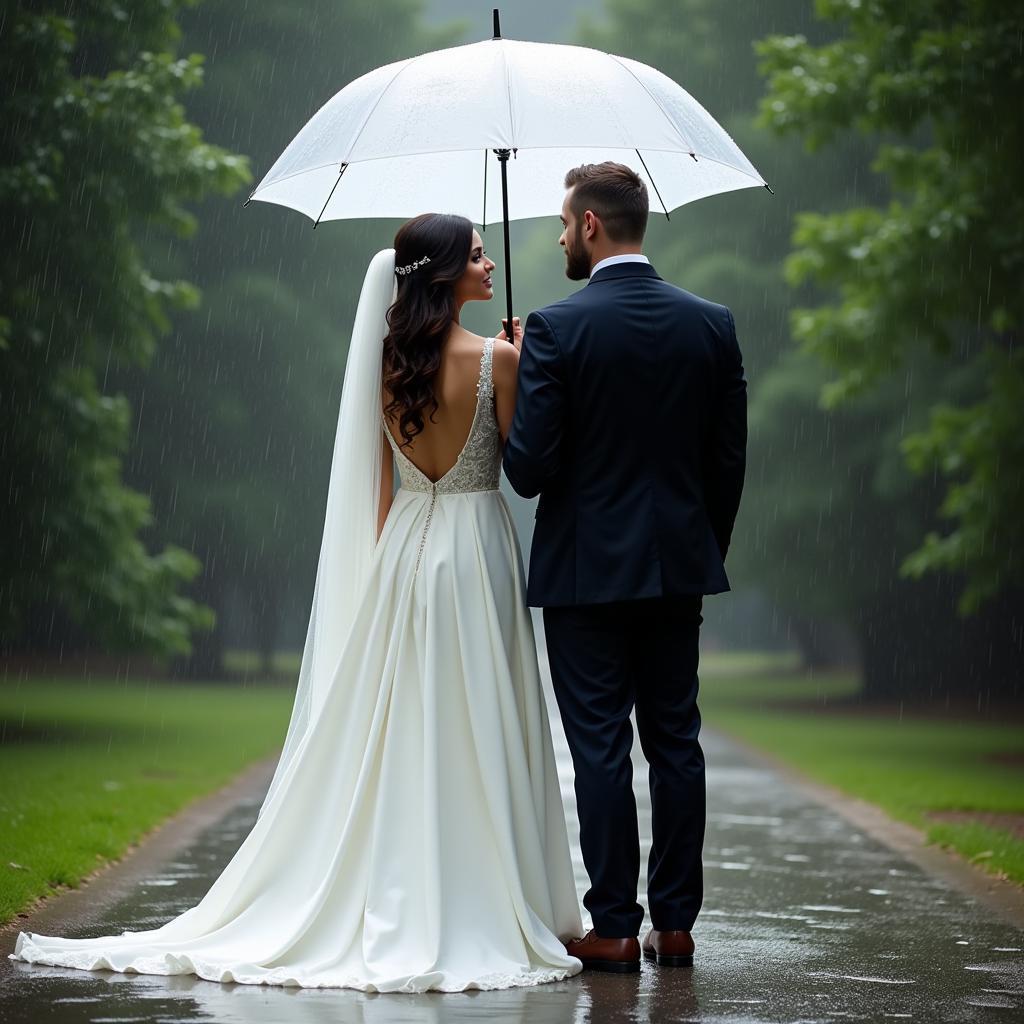 Couple under umbrella on rainy wedding day