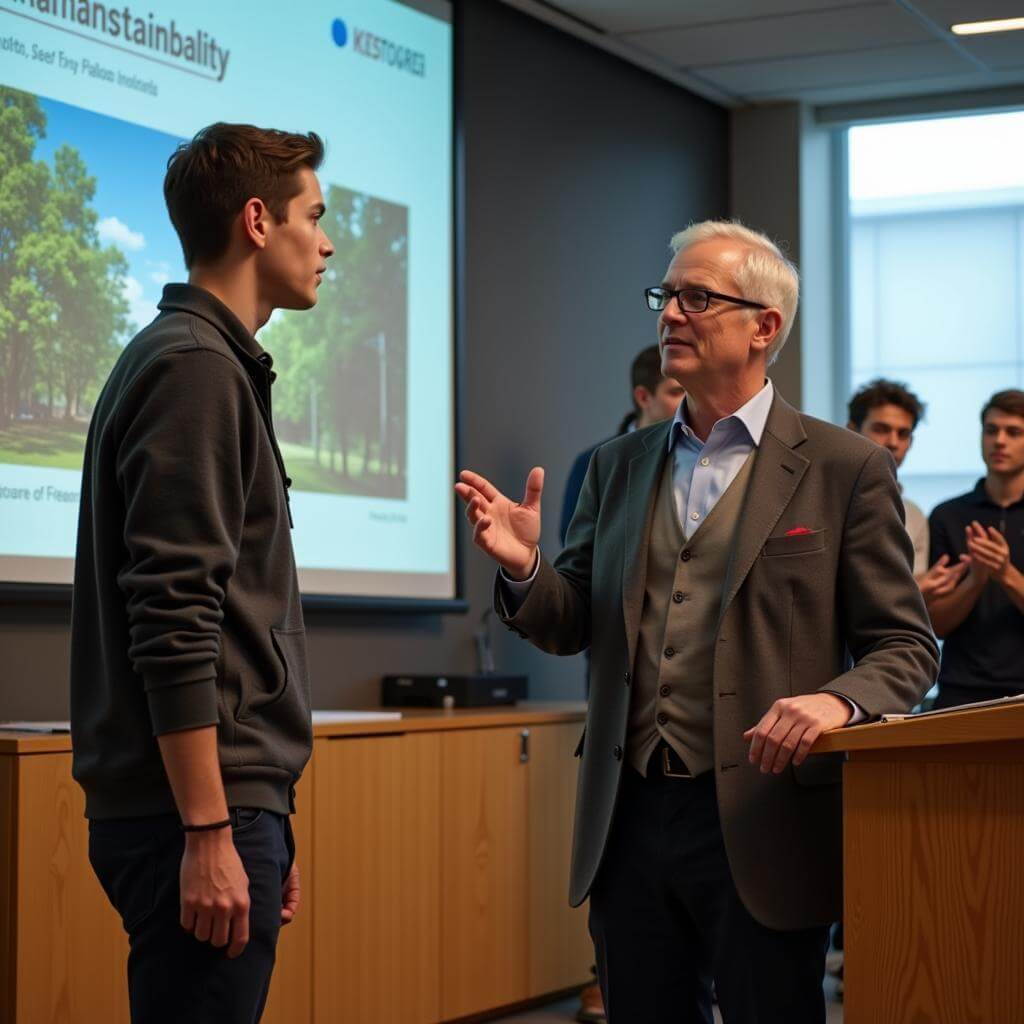 Student receiving compliment from professor after presentation