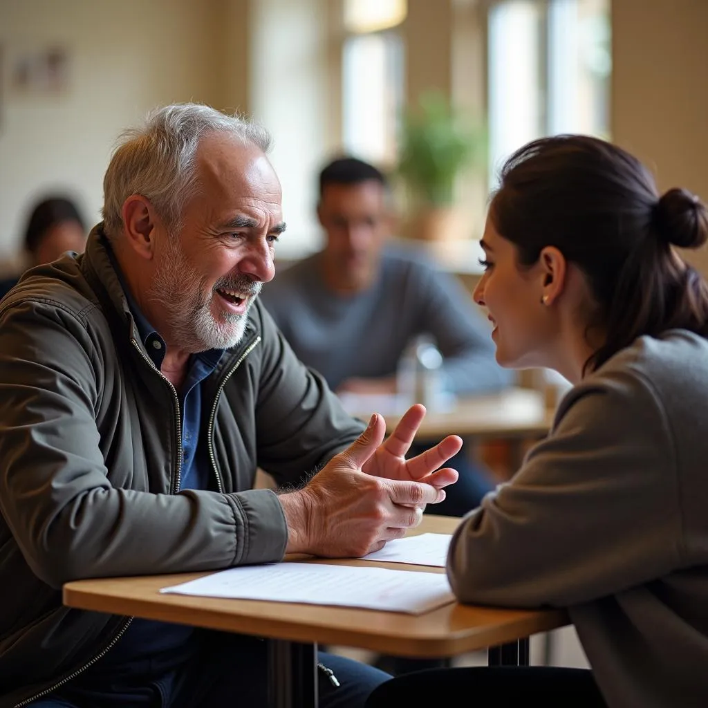 Refugee sharing story with volunteer