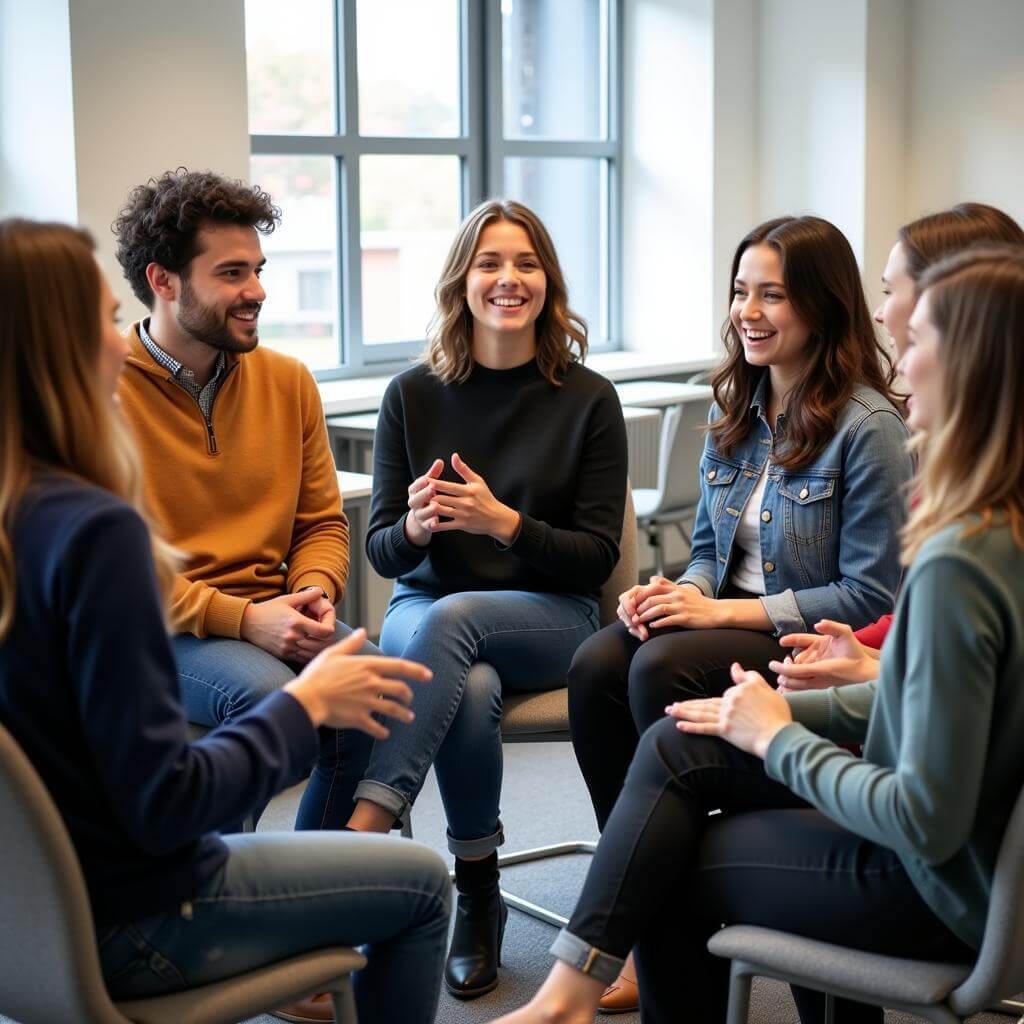 Students engaged in a lively group discussion