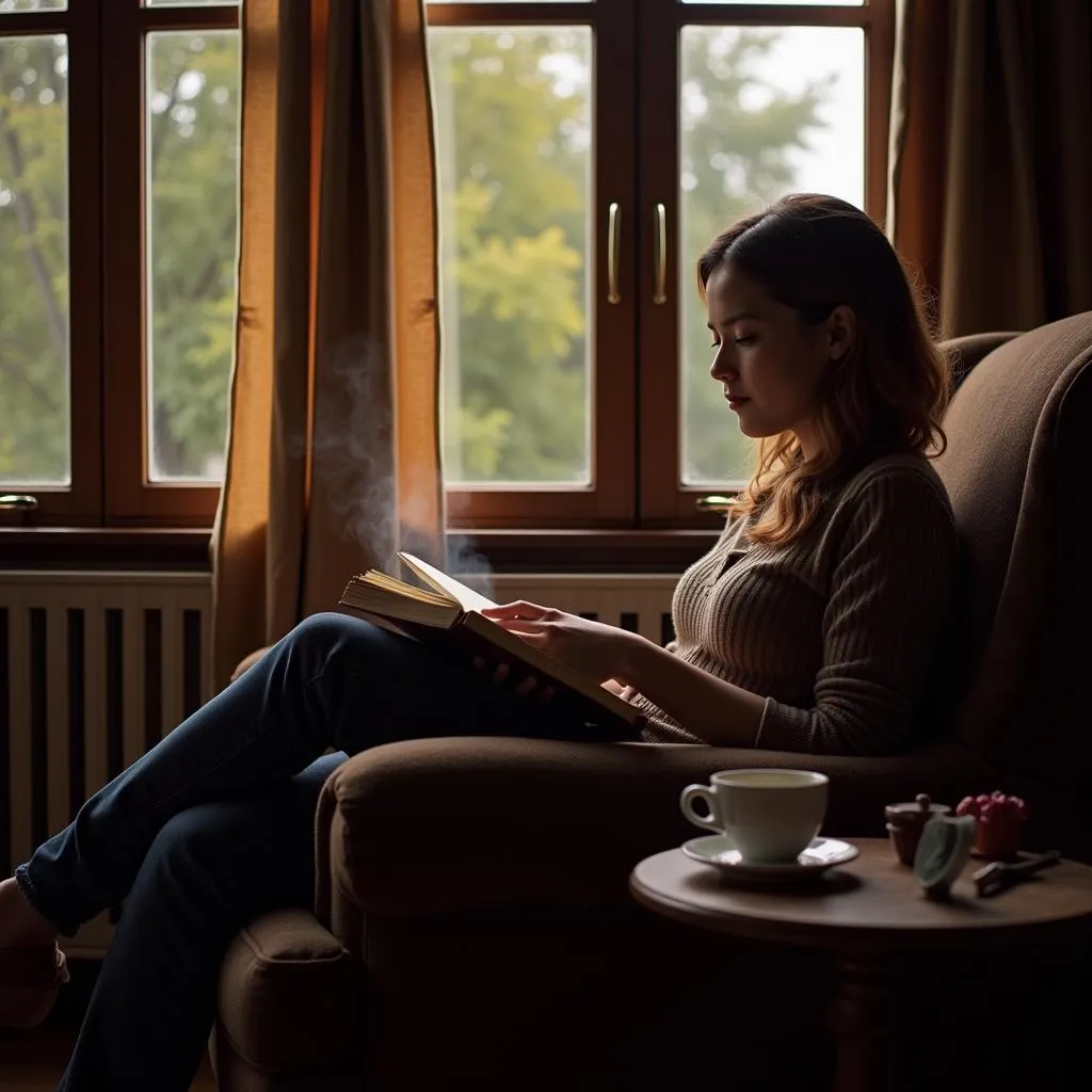 Person reading a book in a cozy corner