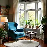 Cozy reading nook in living room corner for relaxation