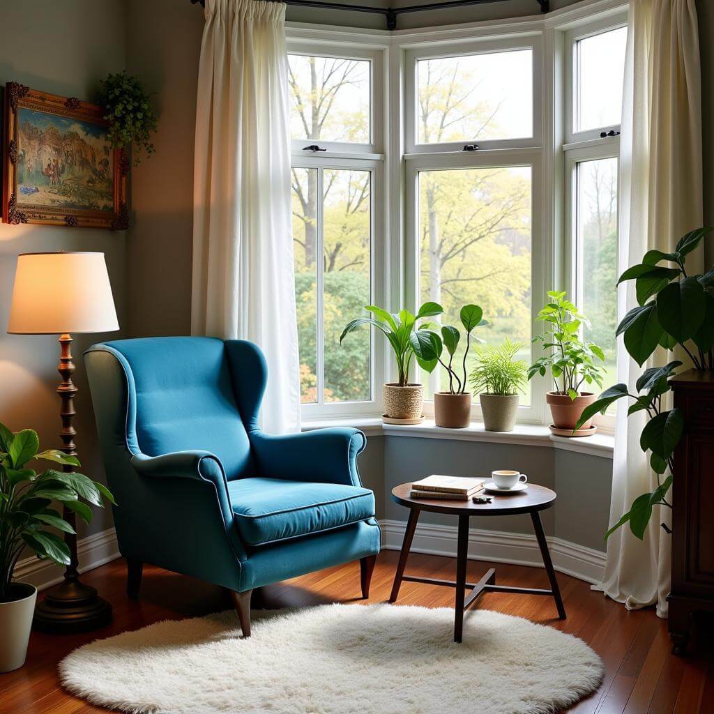 Cozy reading nook in living room corner for relaxation