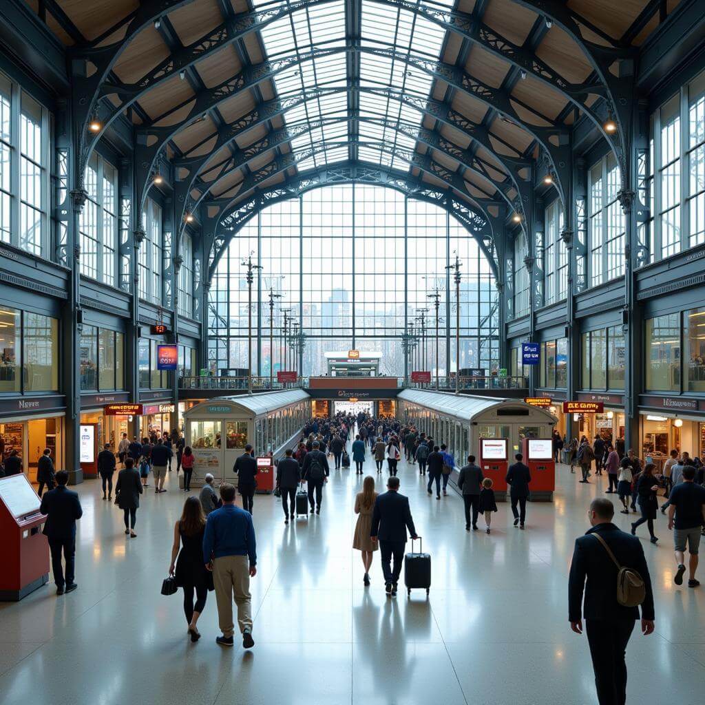 Renovated railway station with modern architecture blended with historic elements